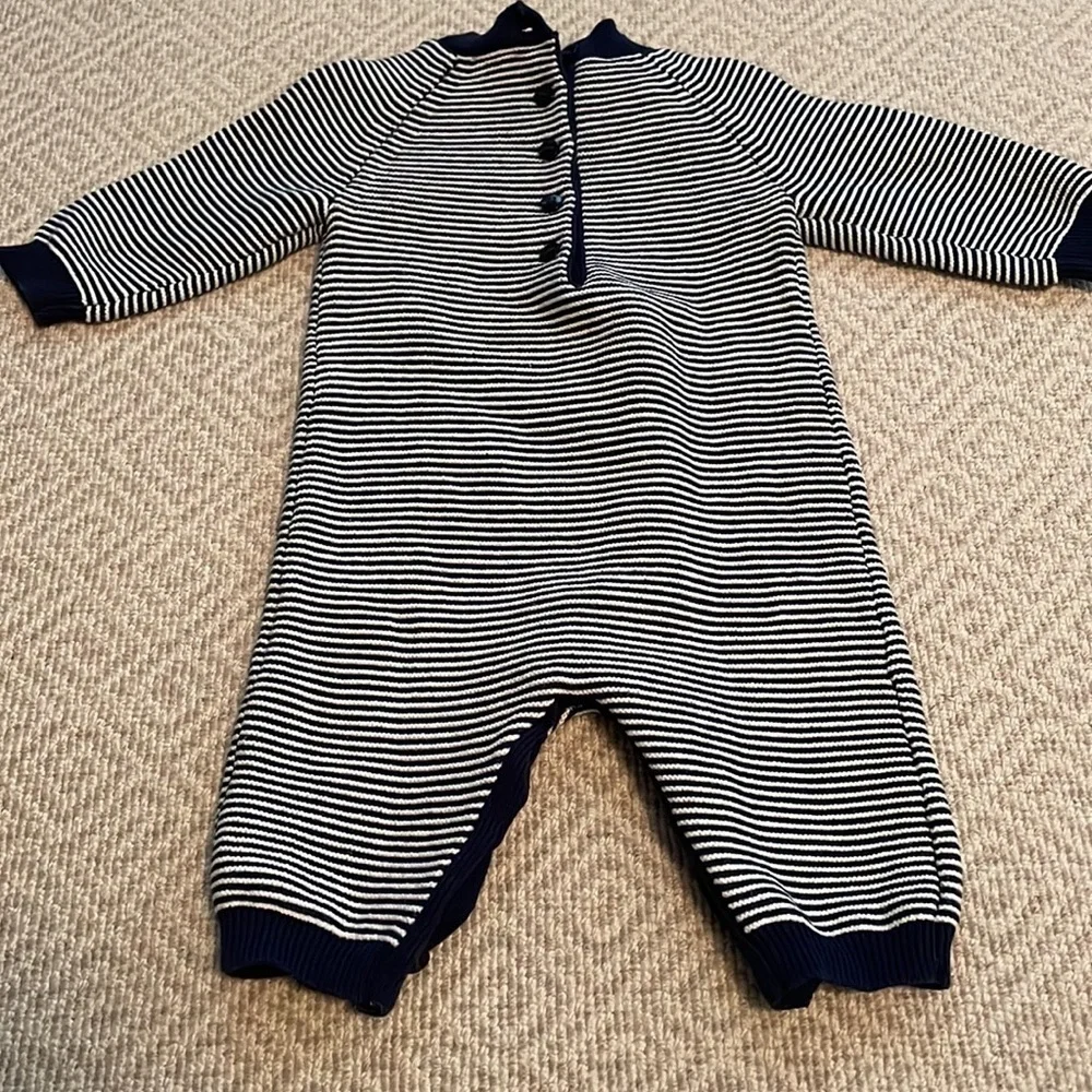 Little Me Boy's One-Piece Stripe Blue & White Coverall Romper Size 3M